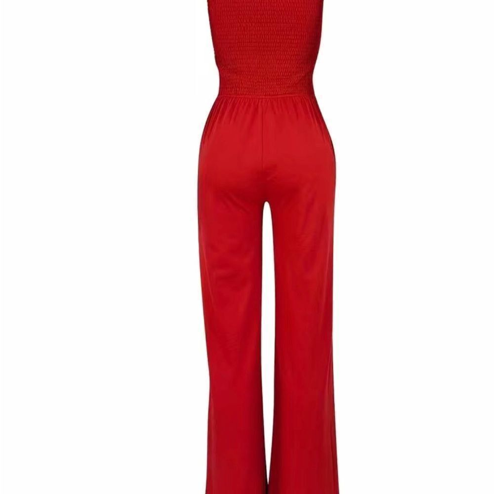 Drawstring Shirred Tube Jumpsuit, Casual Off Shoulder Wide Leg Jumpsuit, Women's - Picture 4 of 6